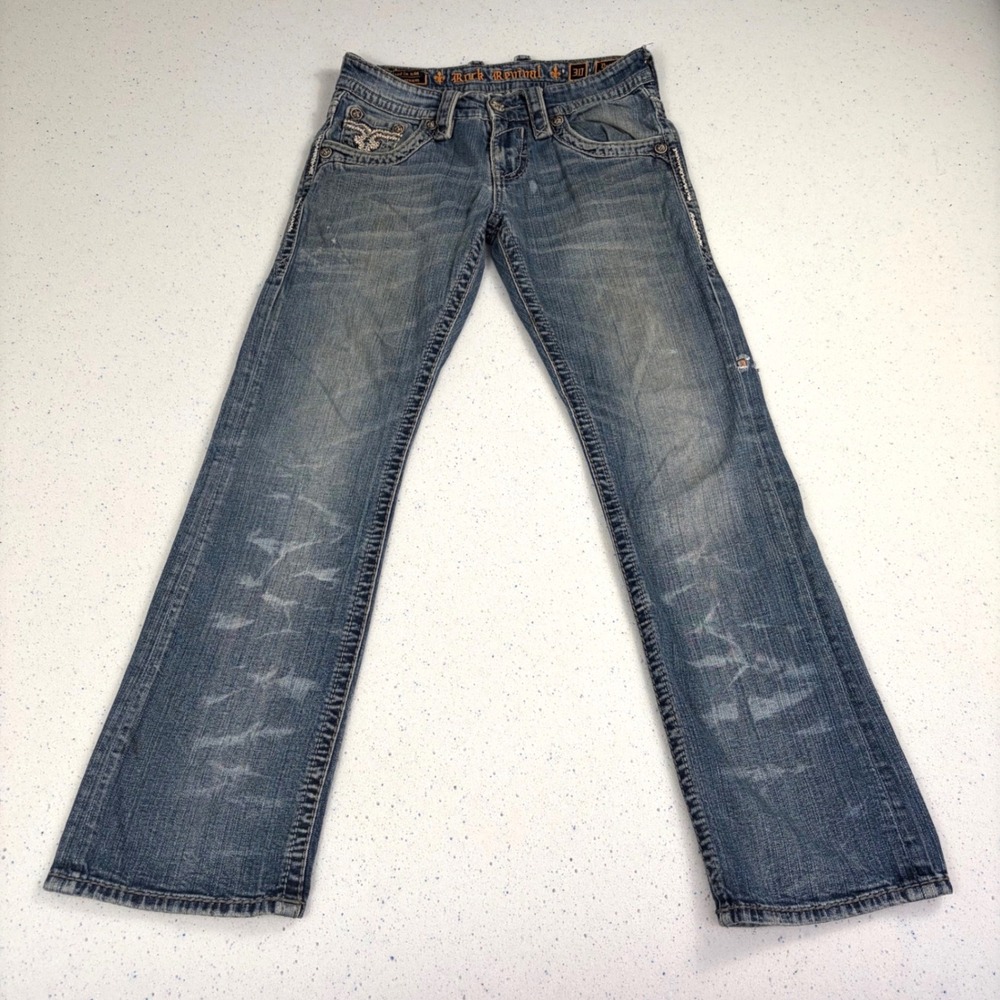 Rock Revival Mens Straight Leg Jeans Fleur De Lis Embellished Y2K Dark‎ Wash
